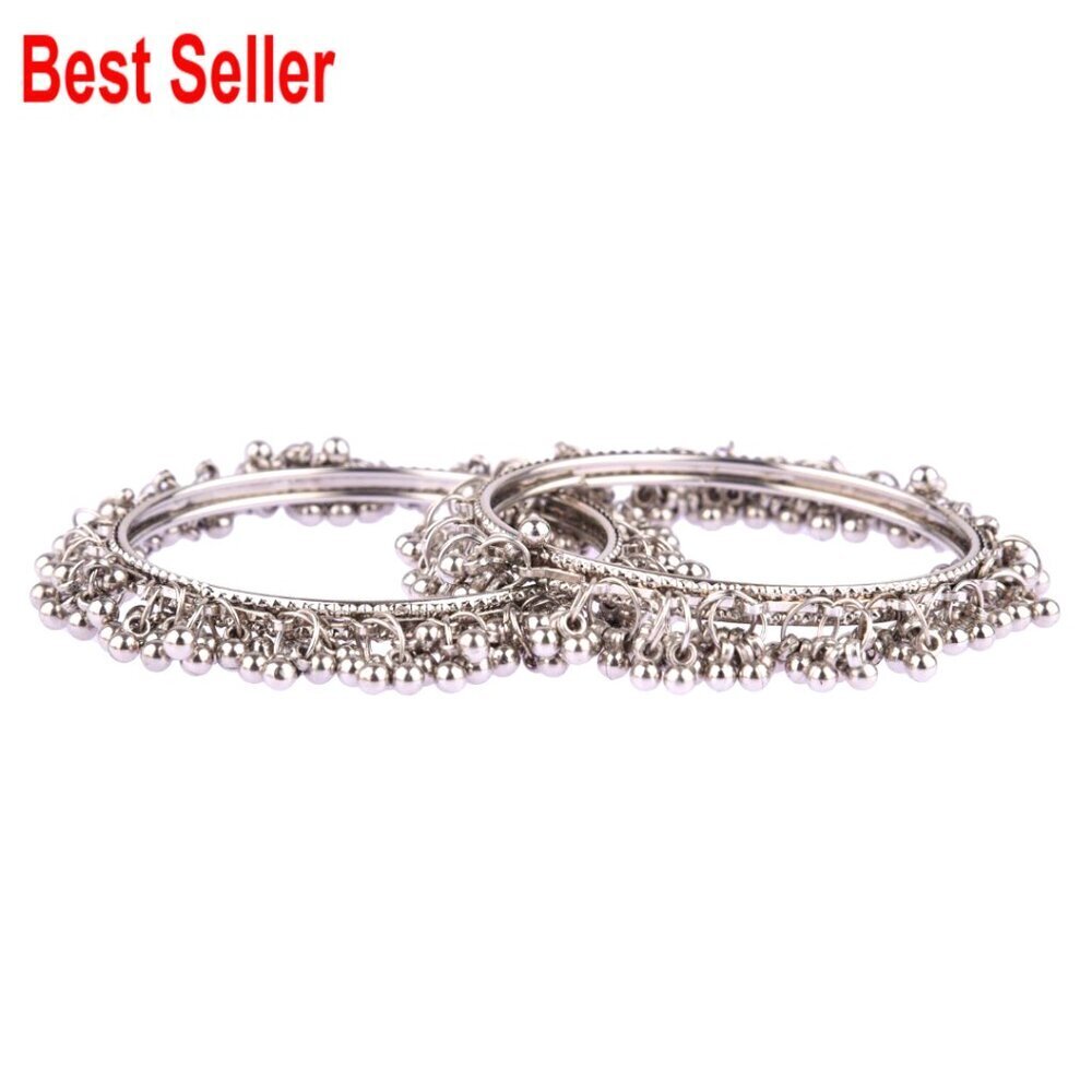 Oxidized Silver Bangle Bracelets with Metal Ball Charms, Boho Style